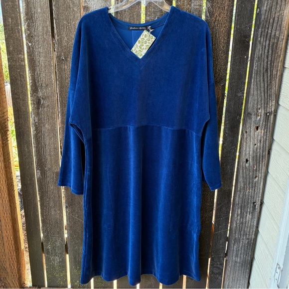Gudrun Sjoden Dresses & Skirts - Gudrun Sjoden Organic Cotton Blend Ribbed Velour V-Neck Dress NWT Blue Sz L